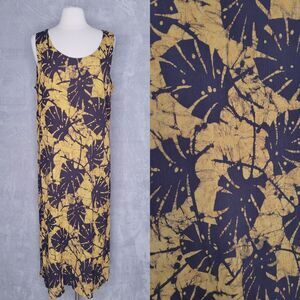 Vtg SEAWIND Batik Brown Gold Leaf Maxi Dress Size XL Hawaii Sleeveless Crepe
